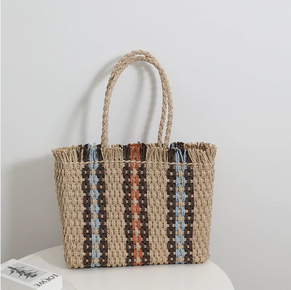 Sac de plage en paille à rayures verticales pour femme, grand sac à bandoulière simple et portable pour les vacances
