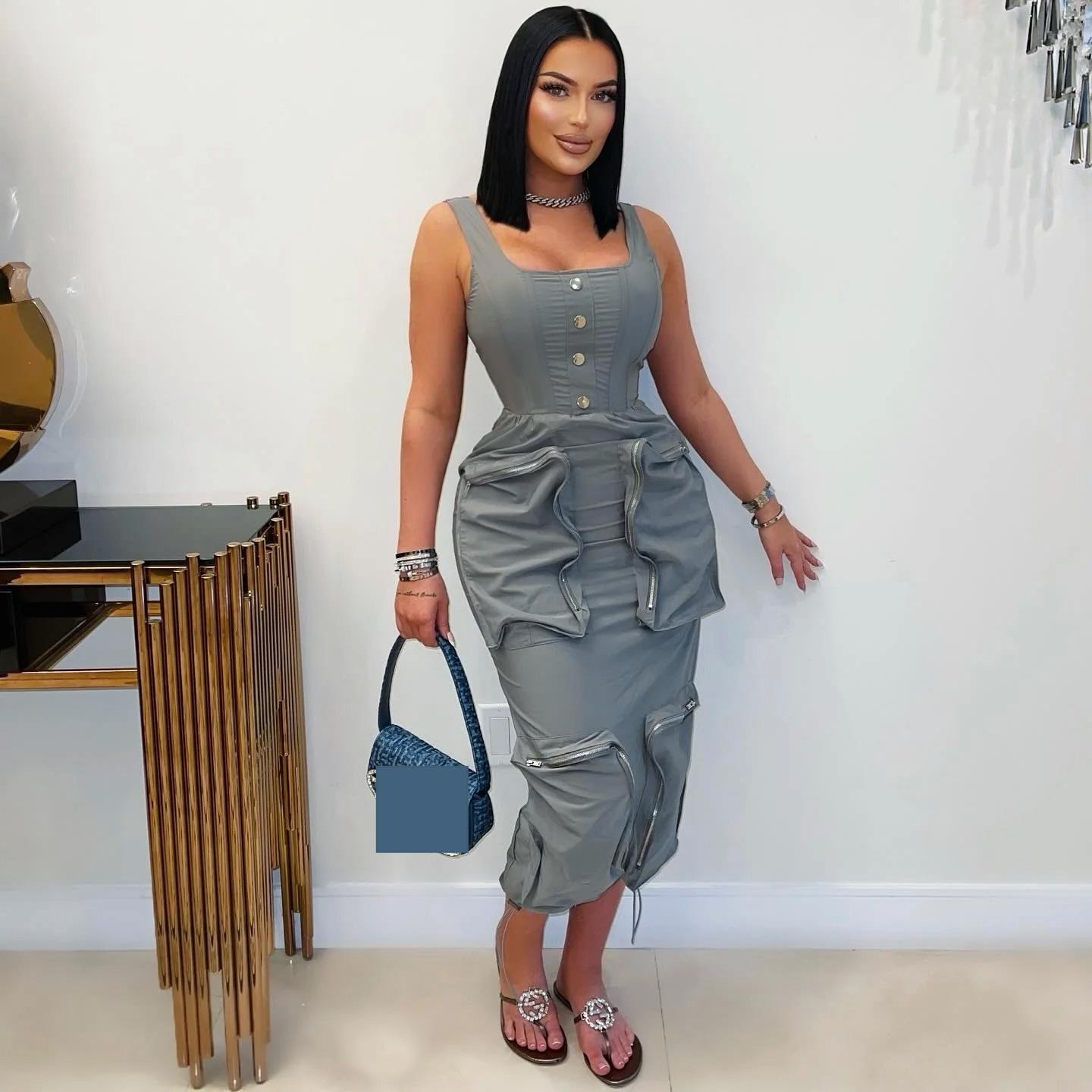 Robe Gilet Cargo Élégante et Décontractée pour Femme avec Grandes Poches