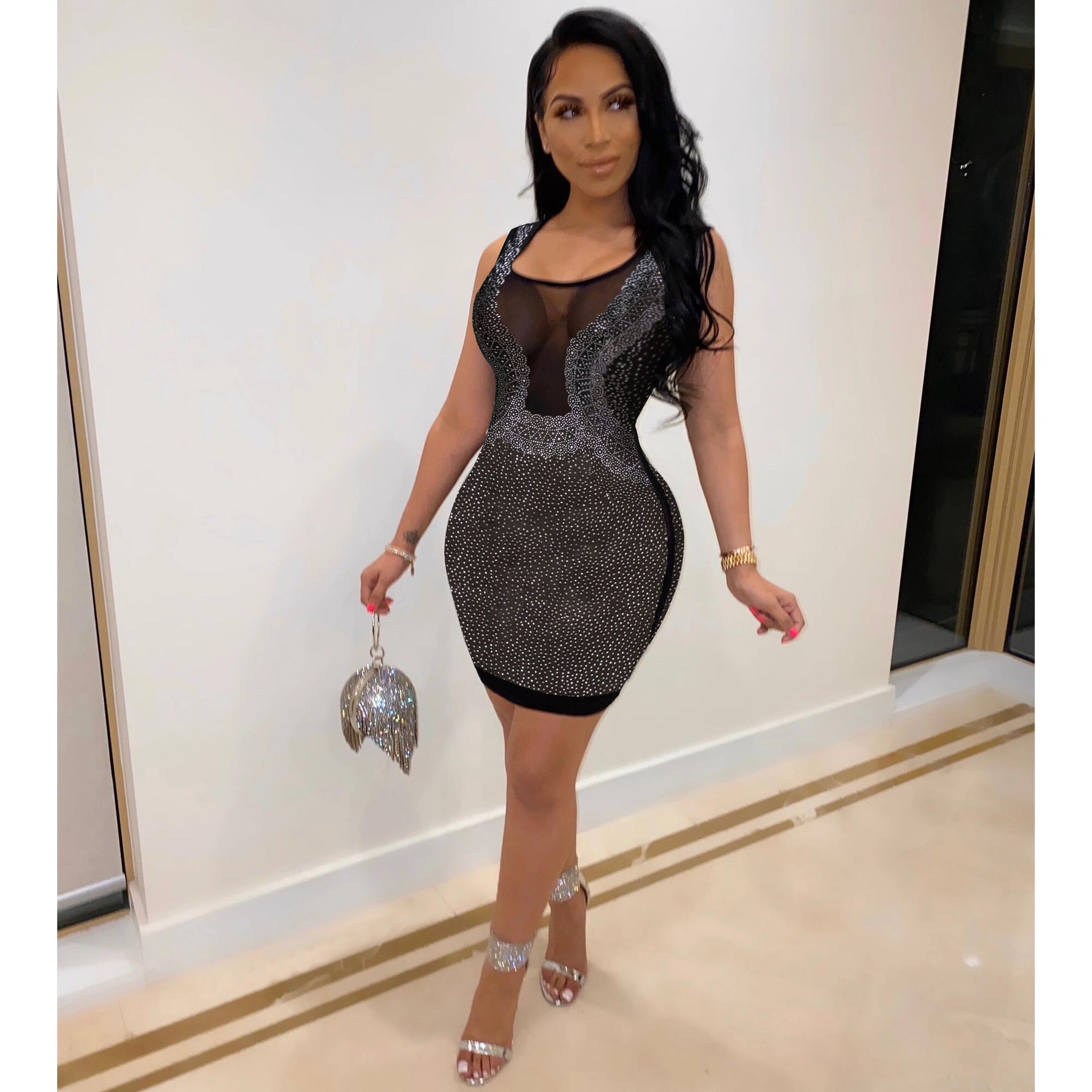 Sexy Slim-Fit Strass-Durchsichtiges Kleid Nachtclub-Uniformen