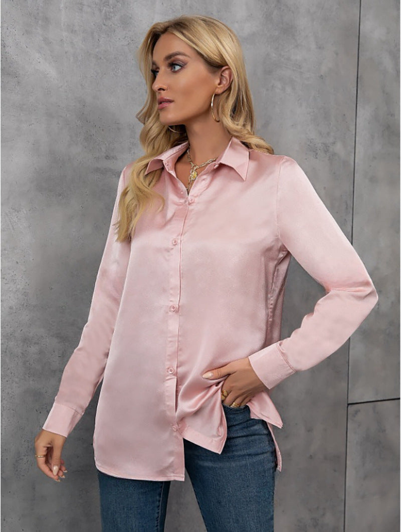 Elegantes Satin Langarmhemd Frühling Sommer Unifarbene Locker Sitze Kunstseidenbluse Langarm-Satin-Oberteil