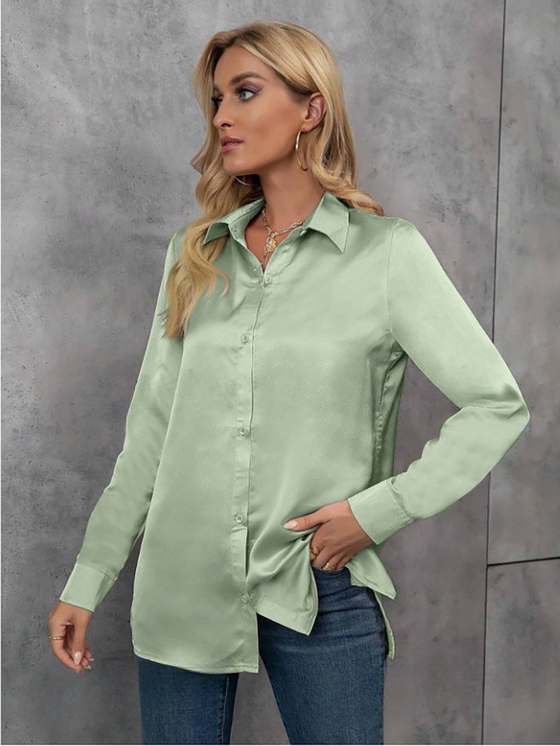 Elegantes Satin Langarmhemd Frühling Sommer Unifarbene Locker Sitze Kunstseidenbluse Langarm-Satin-Oberteil