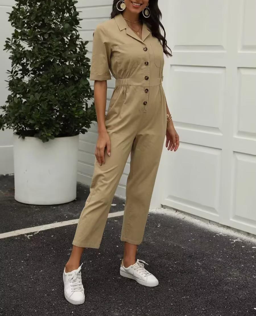 Frühling Damen Kurzarm Einfarbig Leinen Einteiler Hose