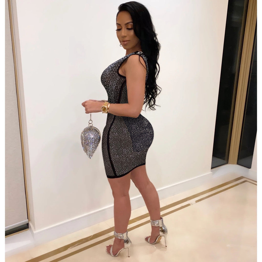 Sexy Slim-Fit Strass-Durchsichtiges Kleid Nachtclub-Uniformen