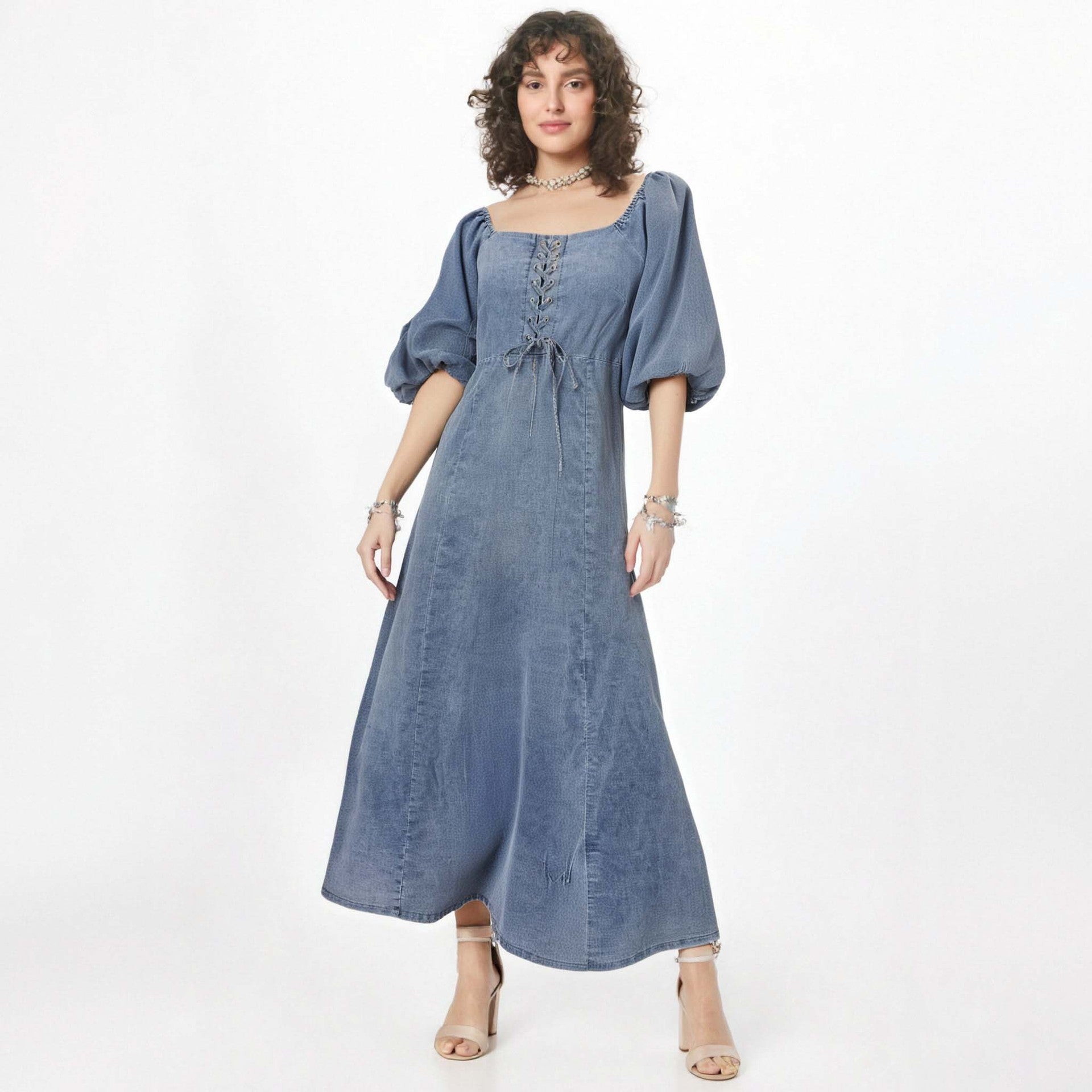 Robe longue en jean fine à col carré, manches longues lanternes, taille ajustée, couleur unie, coupe évasée.