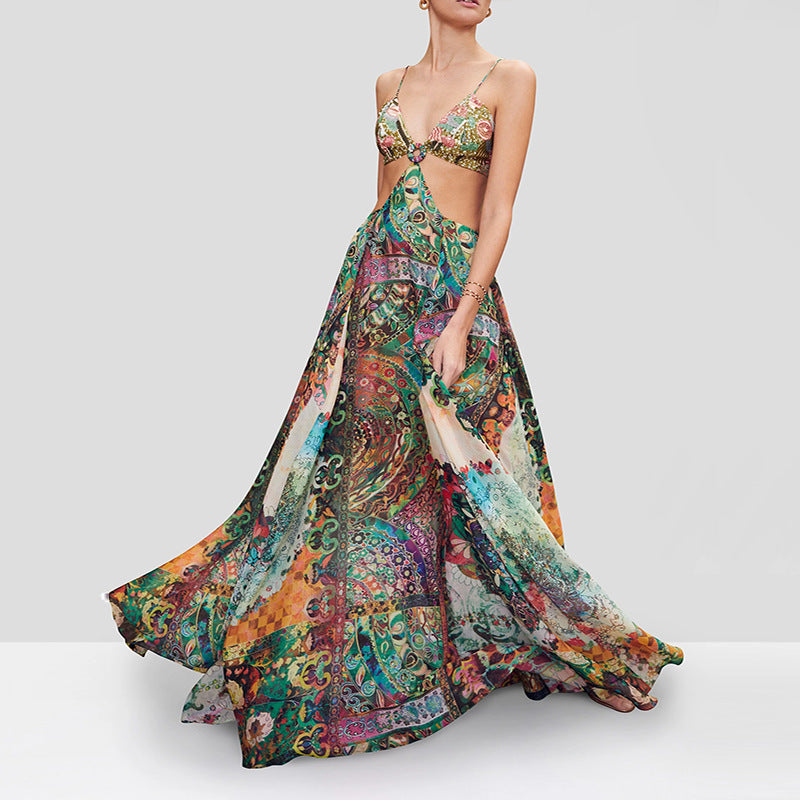 Maxikleid Schlankmachend Große Frauen Bedruckt Brust Vorne Garten Schnalle Bedrucktes Kleid