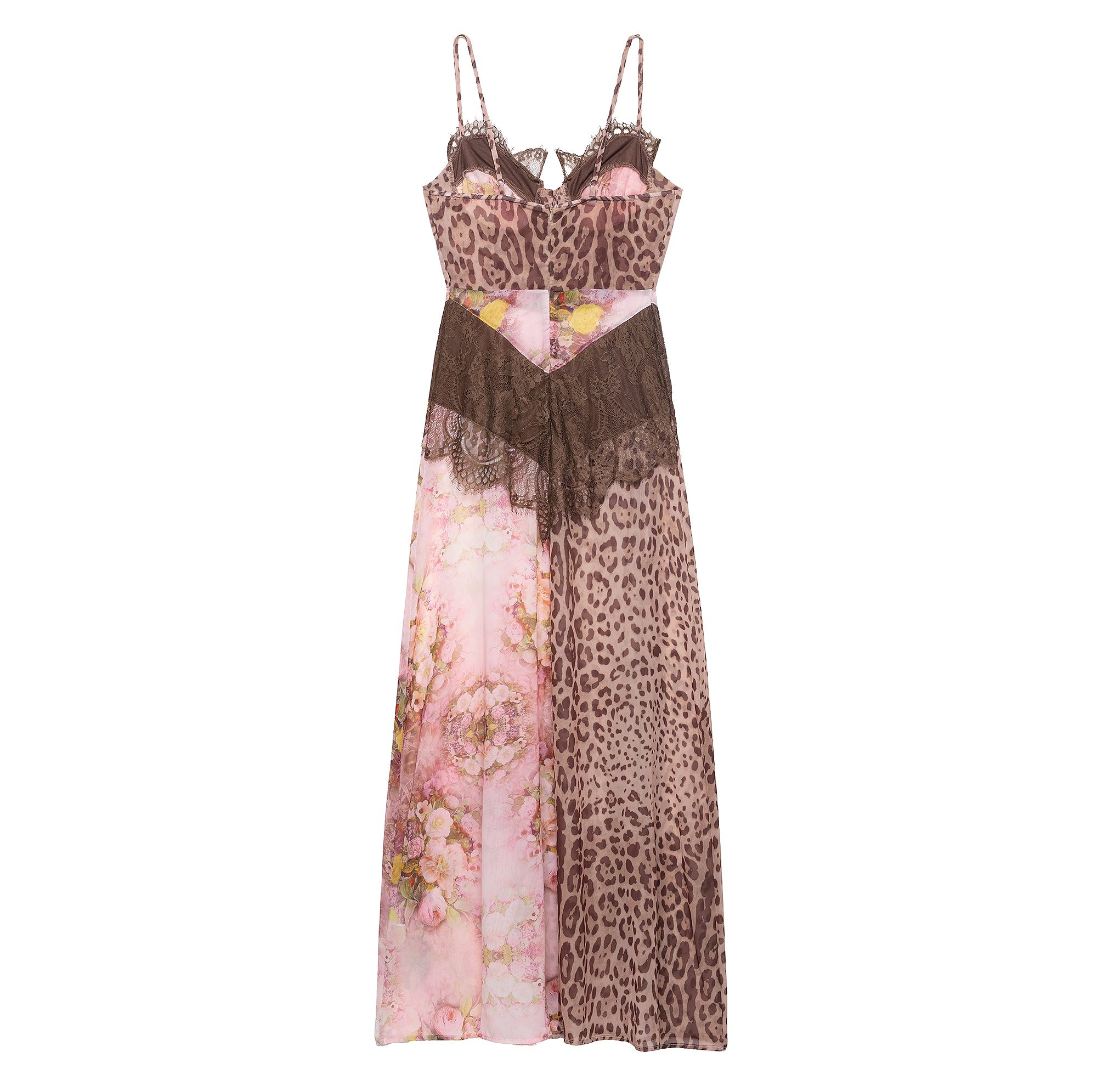 Robe longue fendue à bretelles, coupe ajustée, avec empiècements en dentelle imprimée à contraste de couleurs pour femme