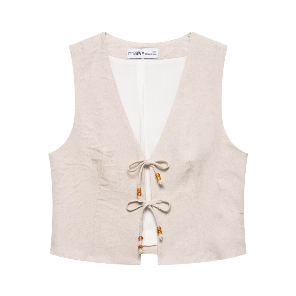 Sommer Damen Casual Ärmellose Perlenweste Shorts