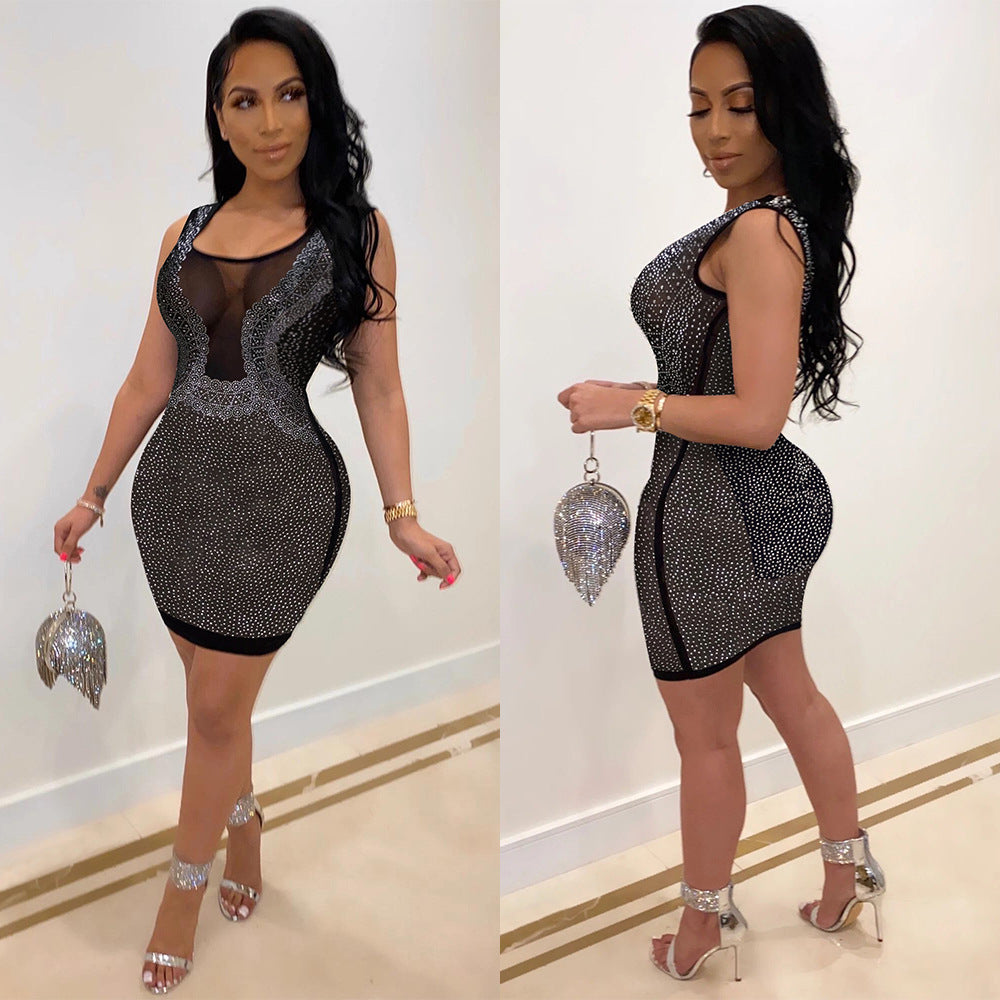 Sexy Slim-Fit Strass-Durchsichtiges Kleid Nachtclub-Uniformen