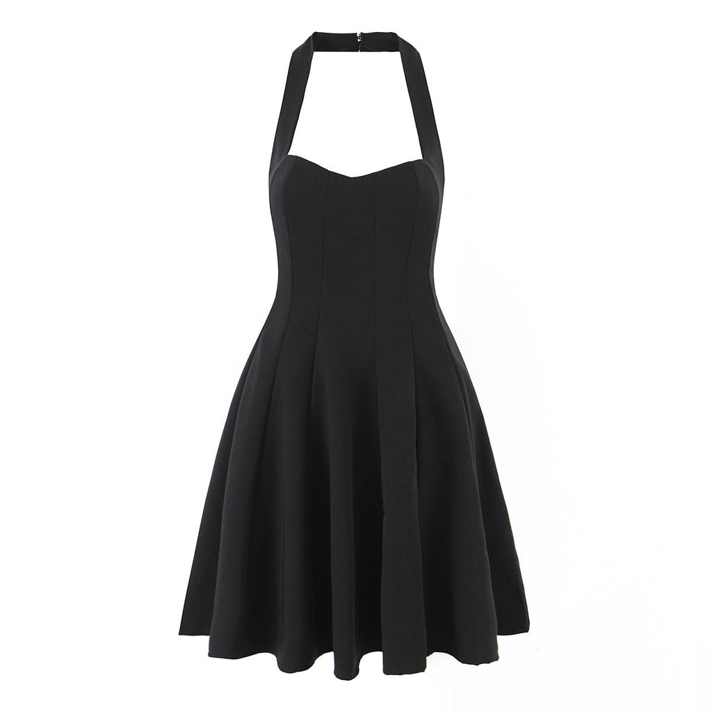 Robe Courte Noire Élégante Gold Hepburn d'Été, pour Femme, à Bretelles, Ajustée à la Taille, Laçage et Col Halter Sexy