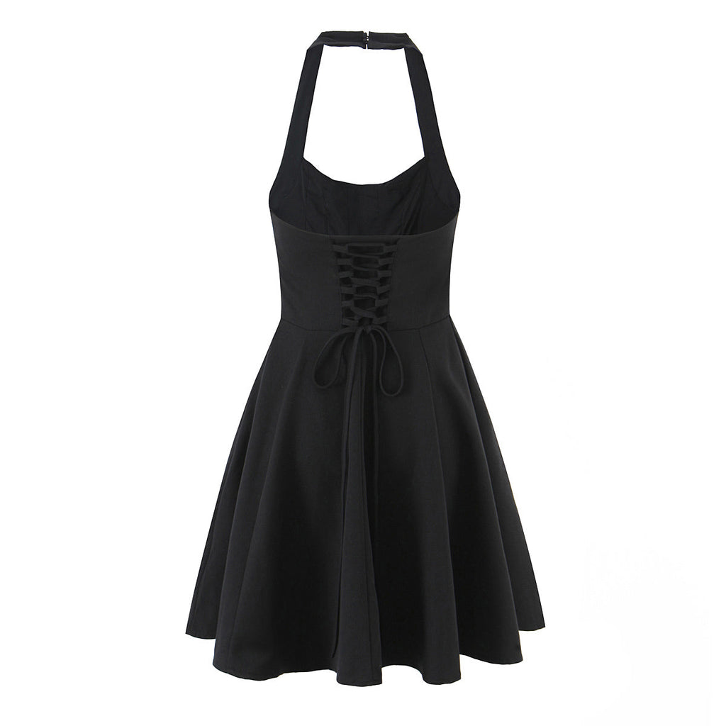 Robe Courte Noire Élégante Gold Hepburn d'Été, pour Femme, à Bretelles, Ajustée à la Taille, Laçage et Col Halter Sexy