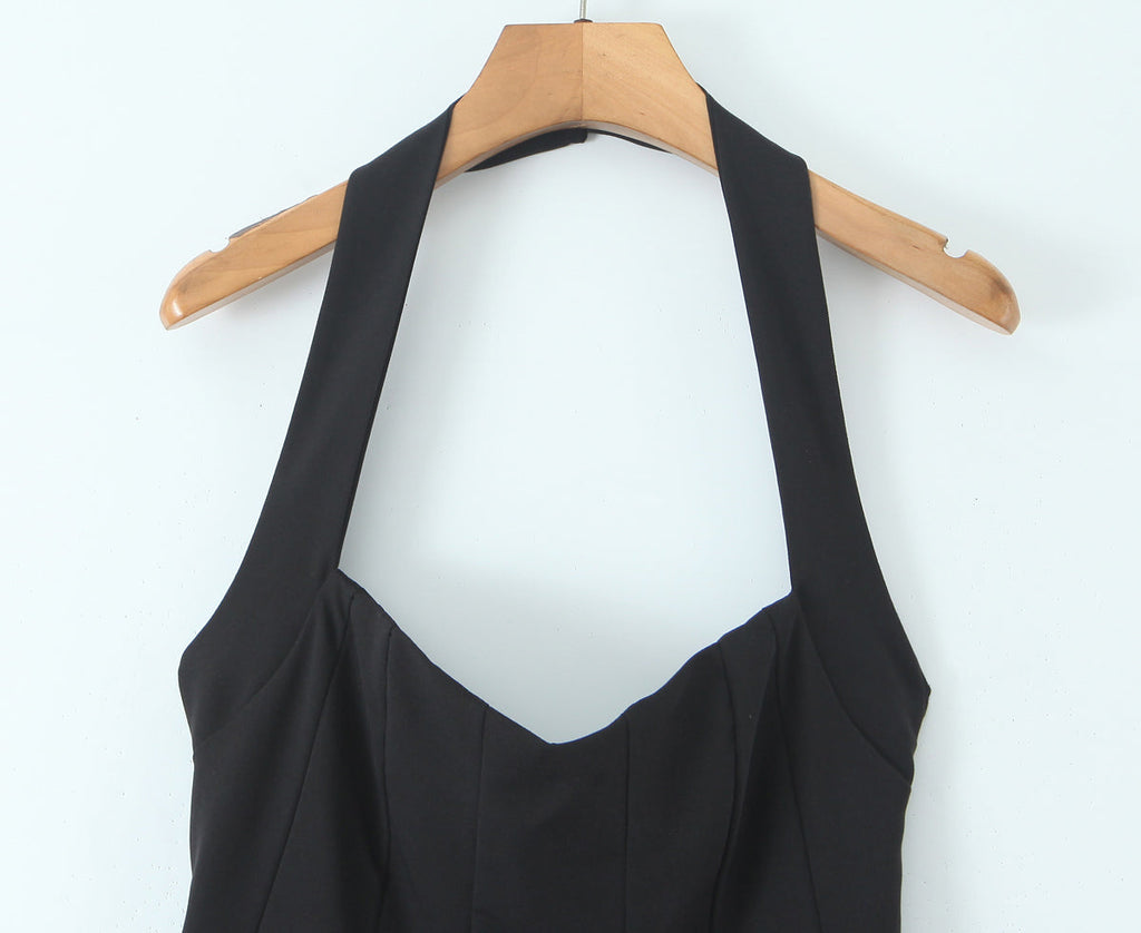 Robe Courte Noire Élégante Gold Hepburn d'Été, pour Femme, à Bretelles, Ajustée à la Taille, Laçage et Col Halter Sexy
