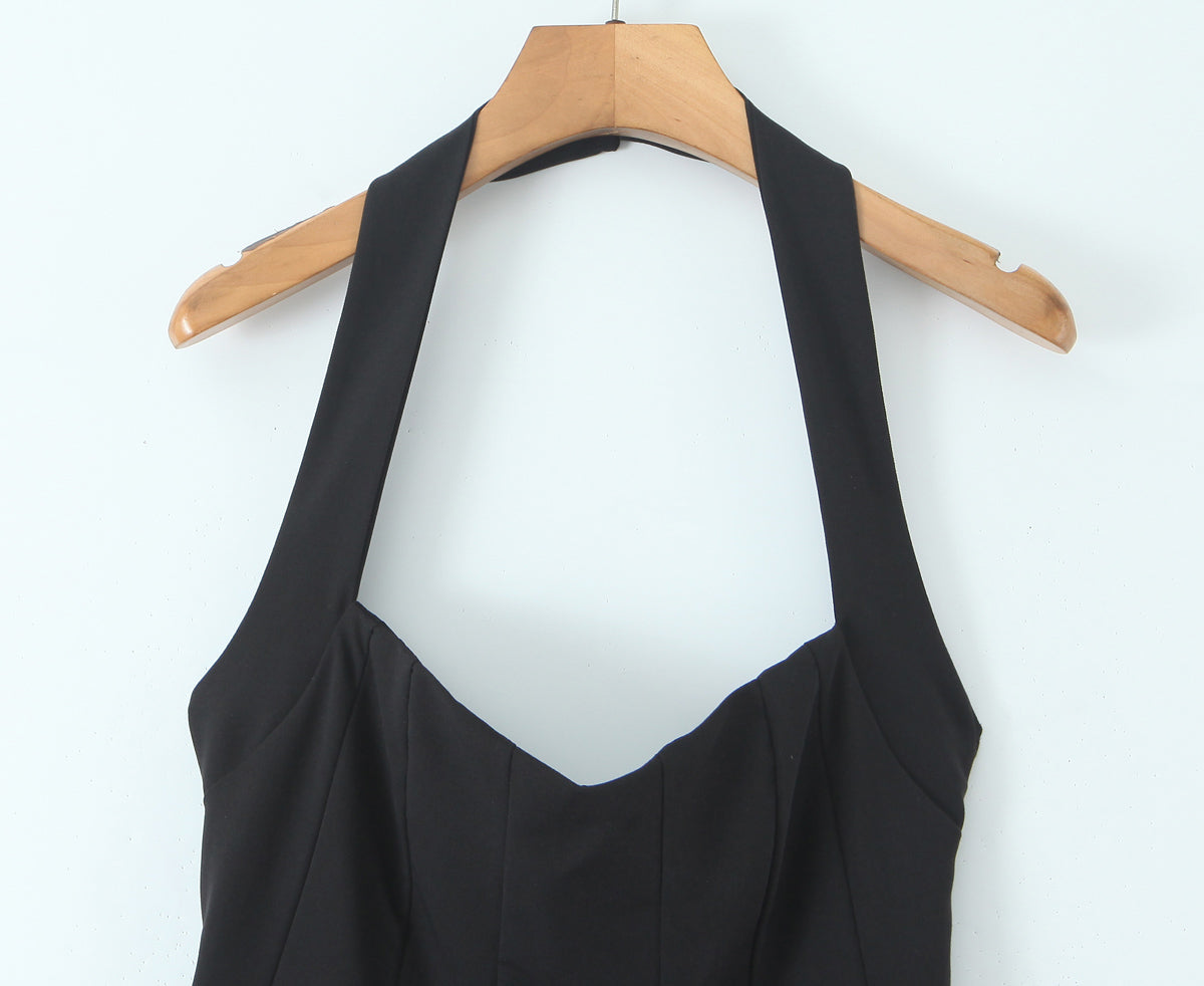 Robe Courte Noire Élégante Gold Hepburn d'Été, pour Femme, à Bretelles, Ajustée à la Taille, Laçage et Col Halter Sexy