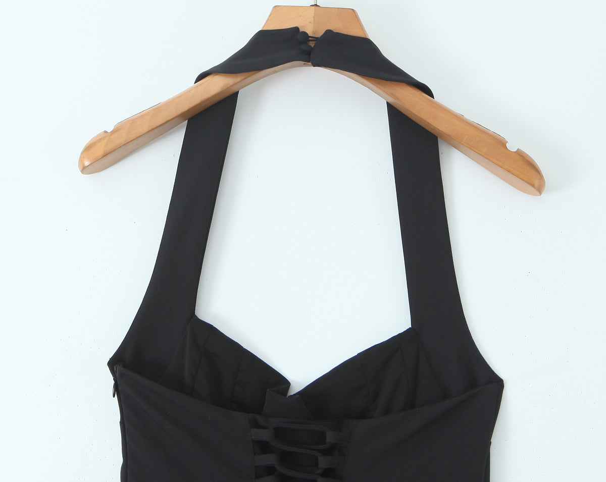 Robe Courte Noire Élégante Gold Hepburn d'Été, pour Femme, à Bretelles, Ajustée à la Taille, Laçage et Col Halter Sexy