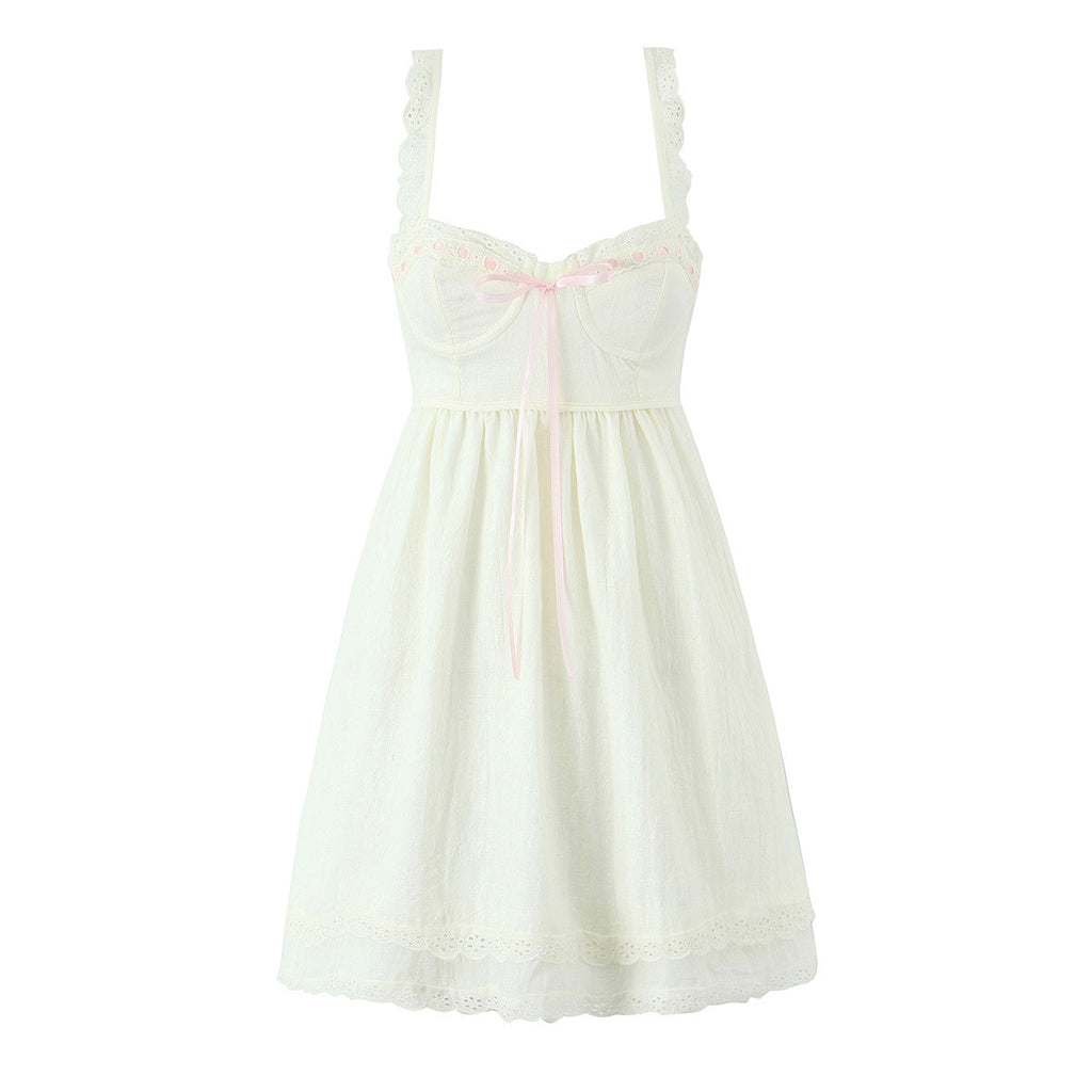 Robe salopette trapèze en dentelle à lacets, col en V et taille ajustée, coupe slim française