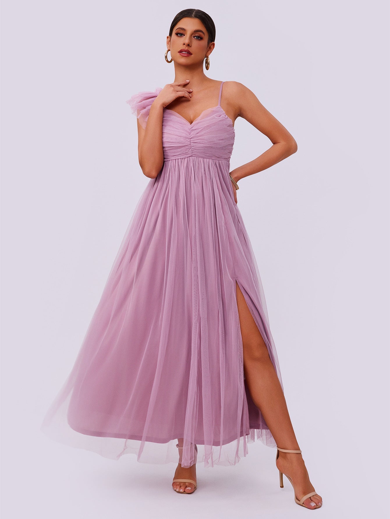 Mesh-Sand-Split-Kleid in Uni-Farbe
