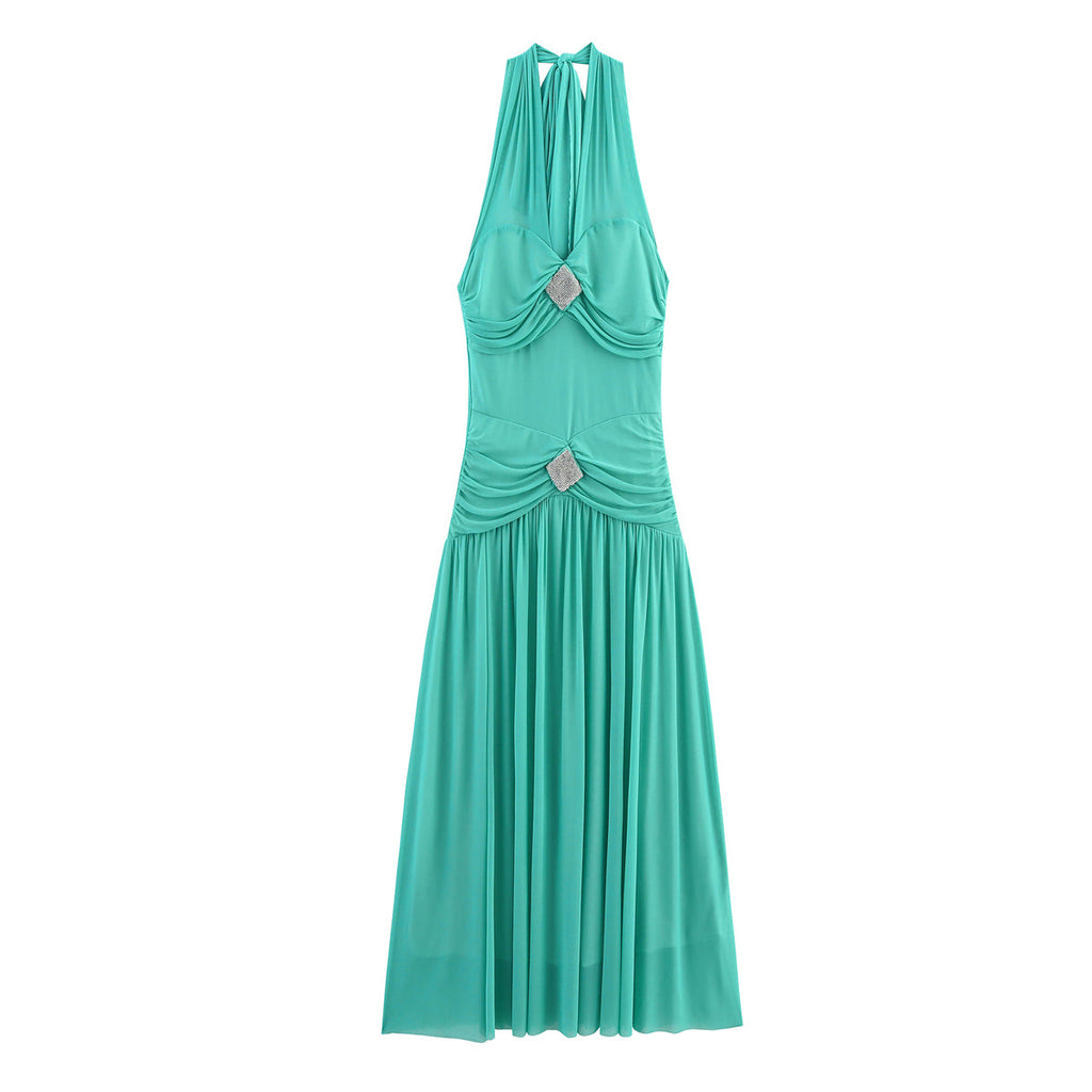 Robe d'été femme à grande taille, en maille très élastique, ornée de perles, avec un grand ourlet évasé et un décolleté licou à lacets.