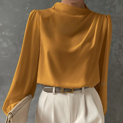 Einfarbiges plissiertes Damenhemd Eleganter Pullover Satin-Oberteil Büro Langarm-Oberteil