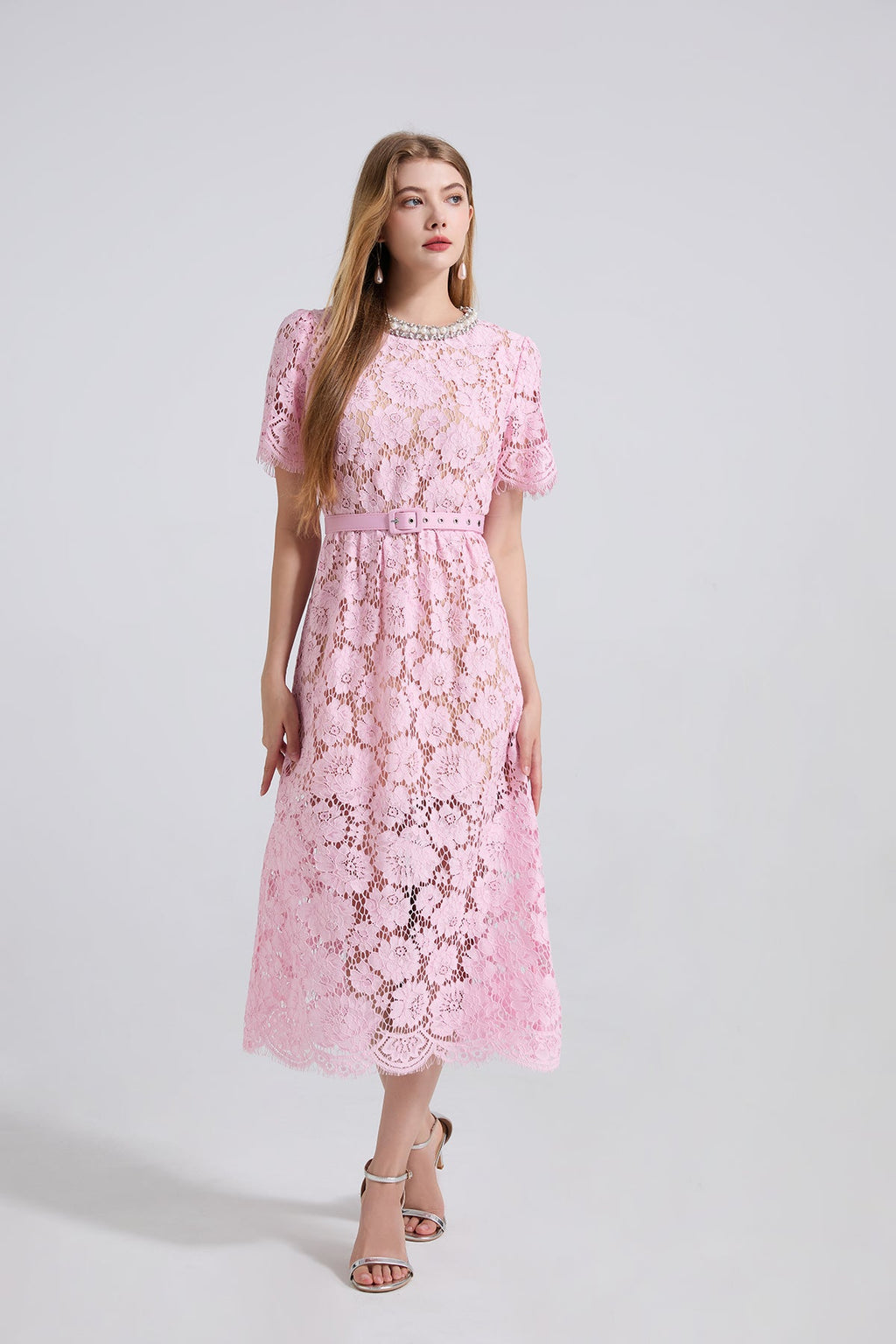 Damen Frühling Sommer Spitzenkleid mit Rundhalsausschnitt