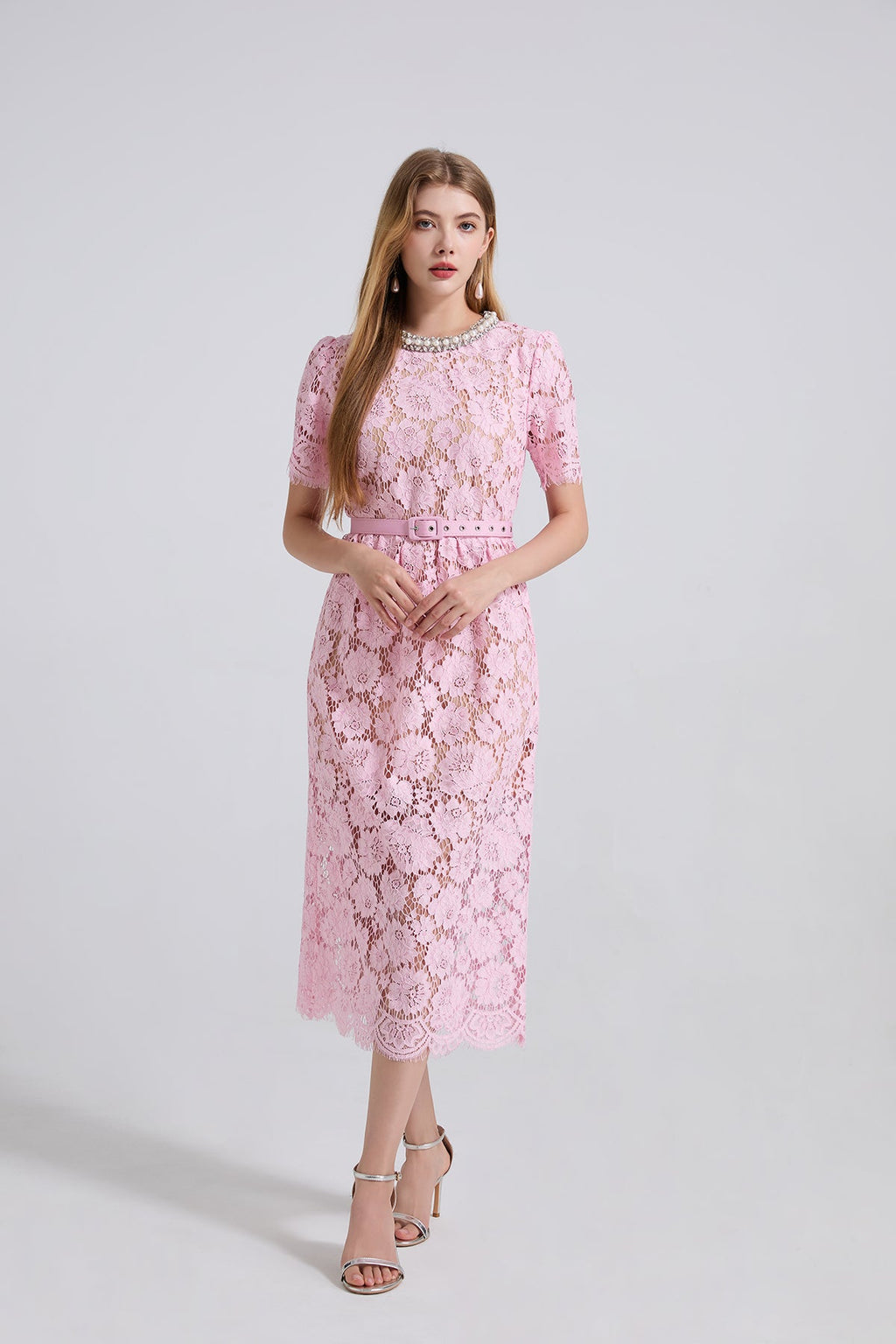 Damen Frühling Sommer Spitzenkleid mit Rundhalsausschnitt