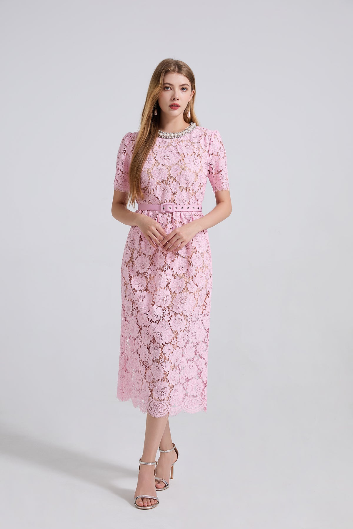 Damen Frühling Sommer Spitzenkleid mit Rundhalsausschnitt