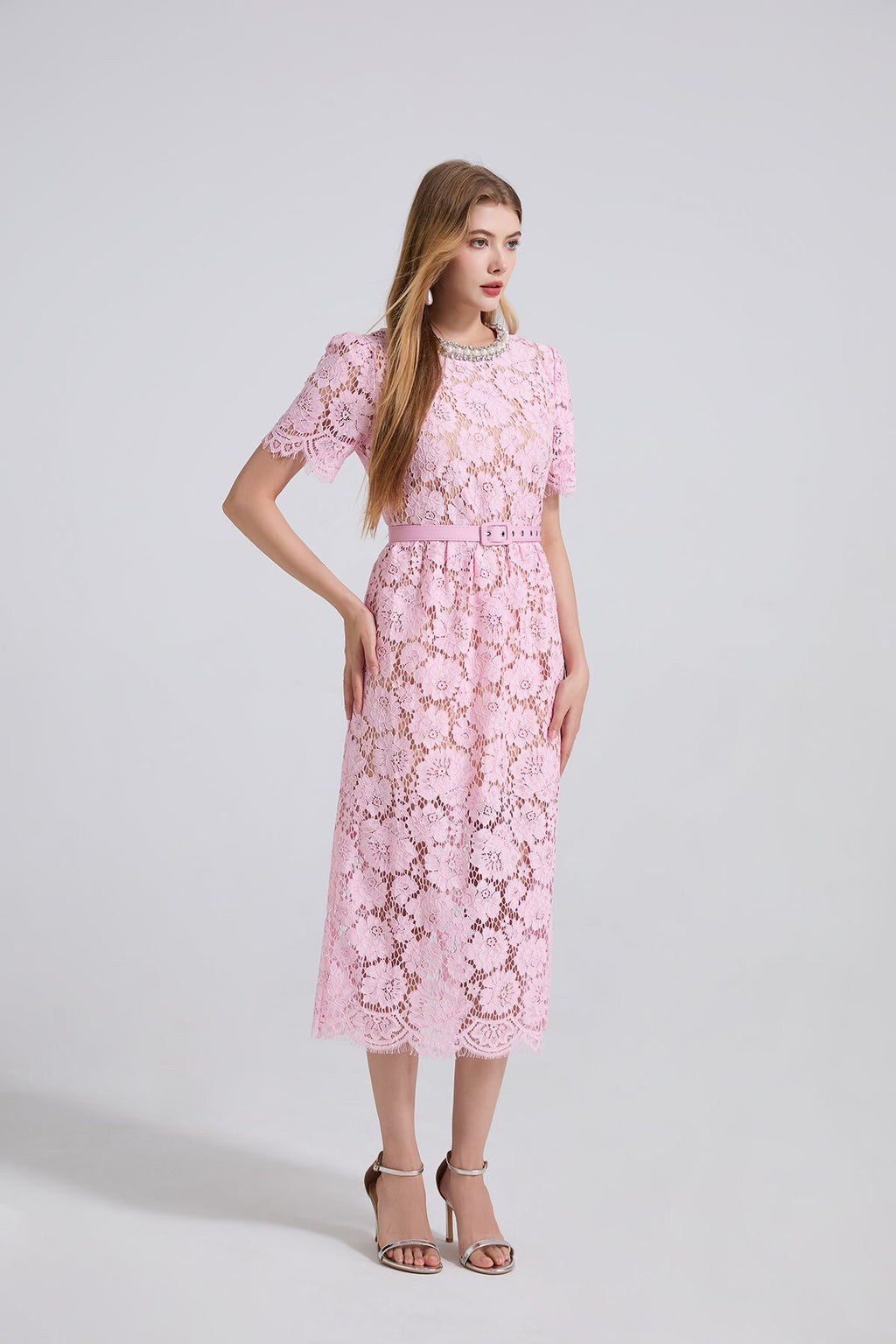 Damen Frühling Sommer Spitzenkleid mit Rundhalsausschnitt