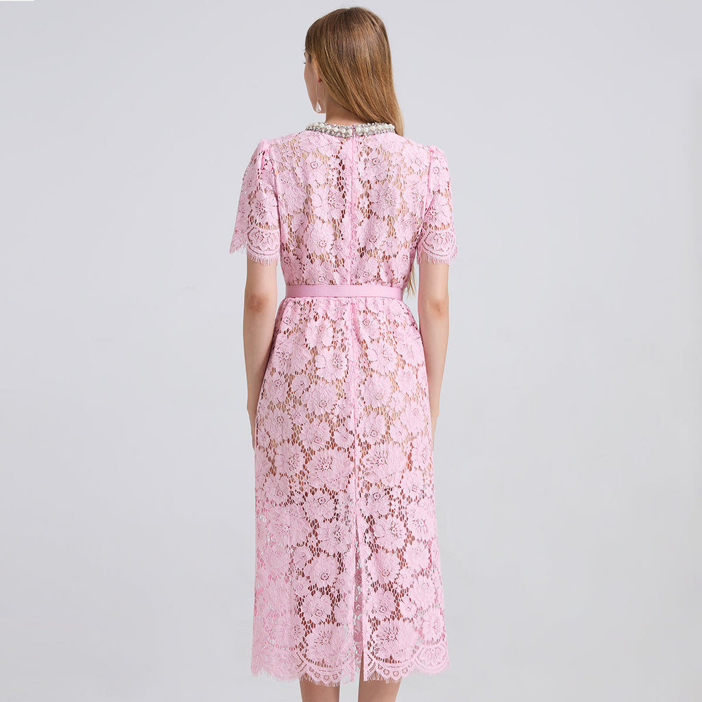 Damen Frühling Sommer Spitzenkleid mit Rundhalsausschnitt
