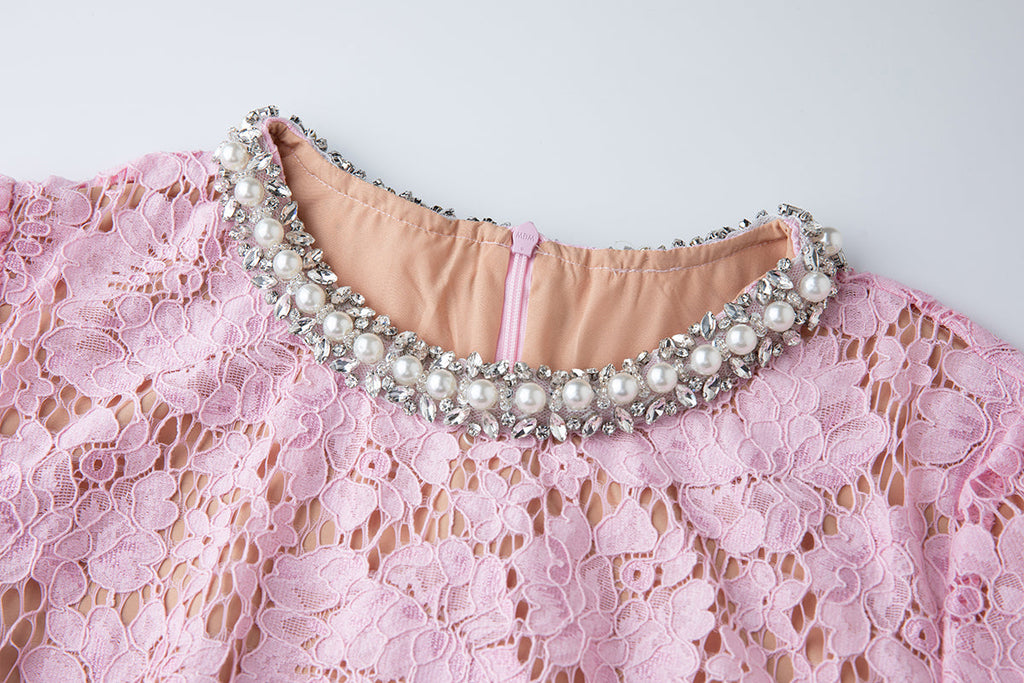 Damen Frühling Sommer Spitzenkleid mit Rundhalsausschnitt