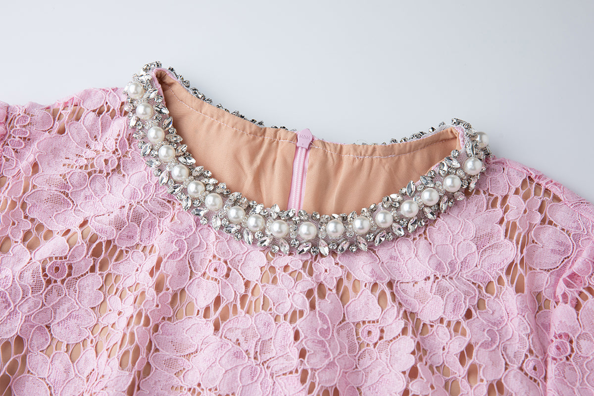 Damen Frühling Sommer Spitzenkleid mit Rundhalsausschnitt