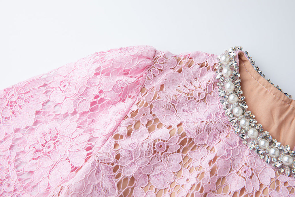 Damen Frühling Sommer Spitzenkleid mit Rundhalsausschnitt