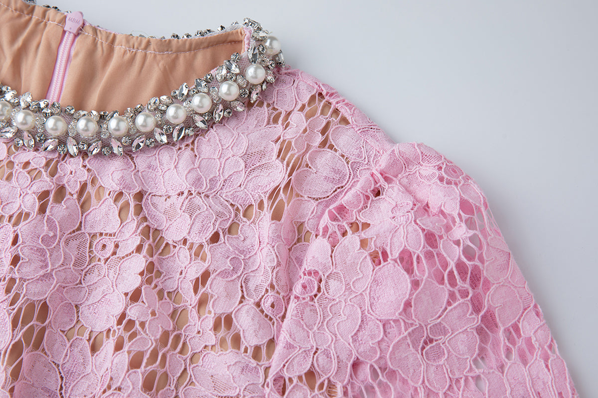 Damen Frühling Sommer Spitzenkleid mit Rundhalsausschnitt