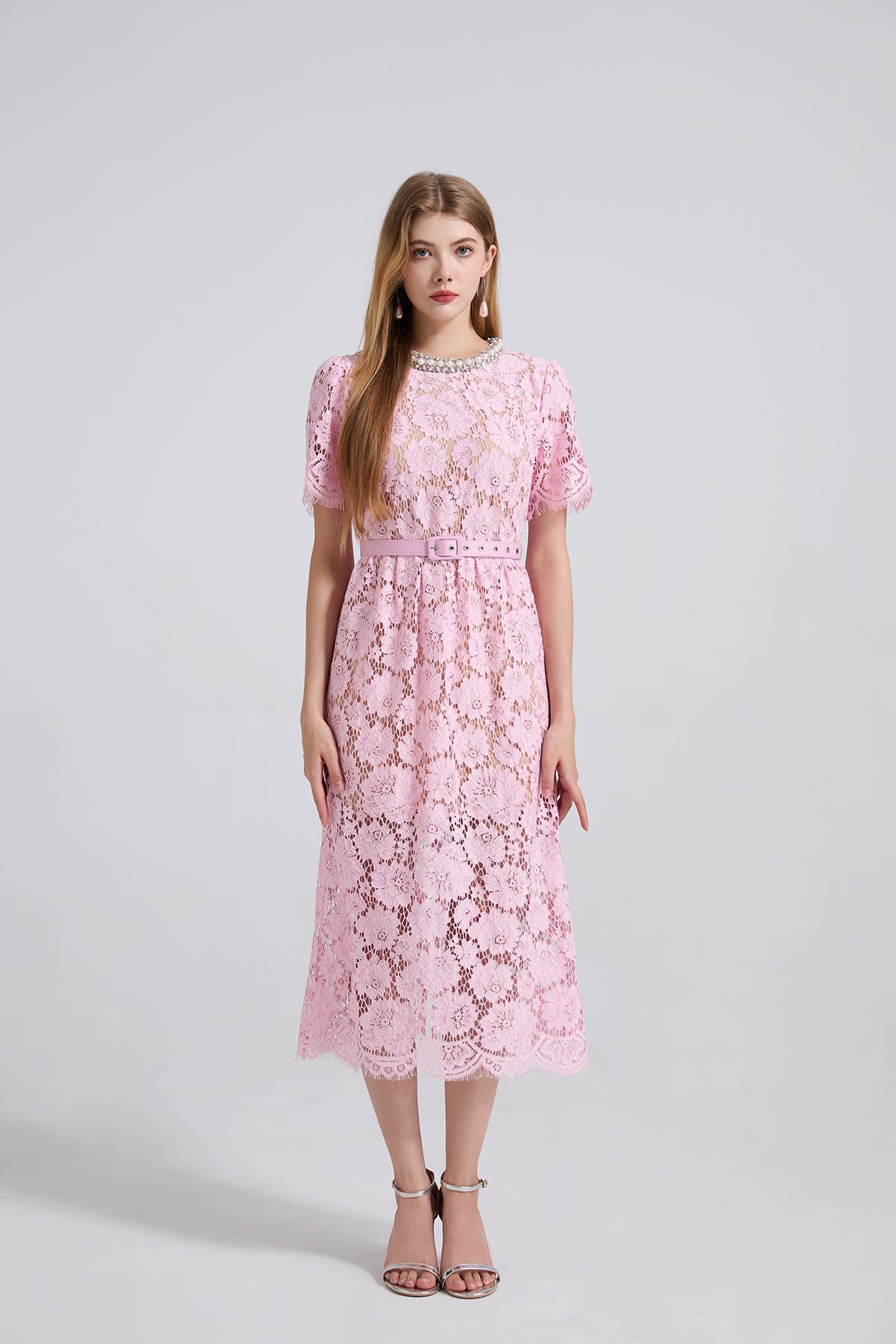 Damen Frühling Sommer Spitzenkleid mit Rundhalsausschnitt