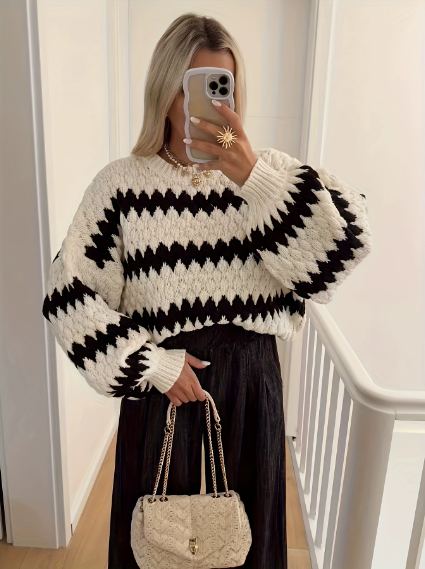 Herbst Winter Damen Strickpullover Gestreifter Trendiger Lockerer Pullover