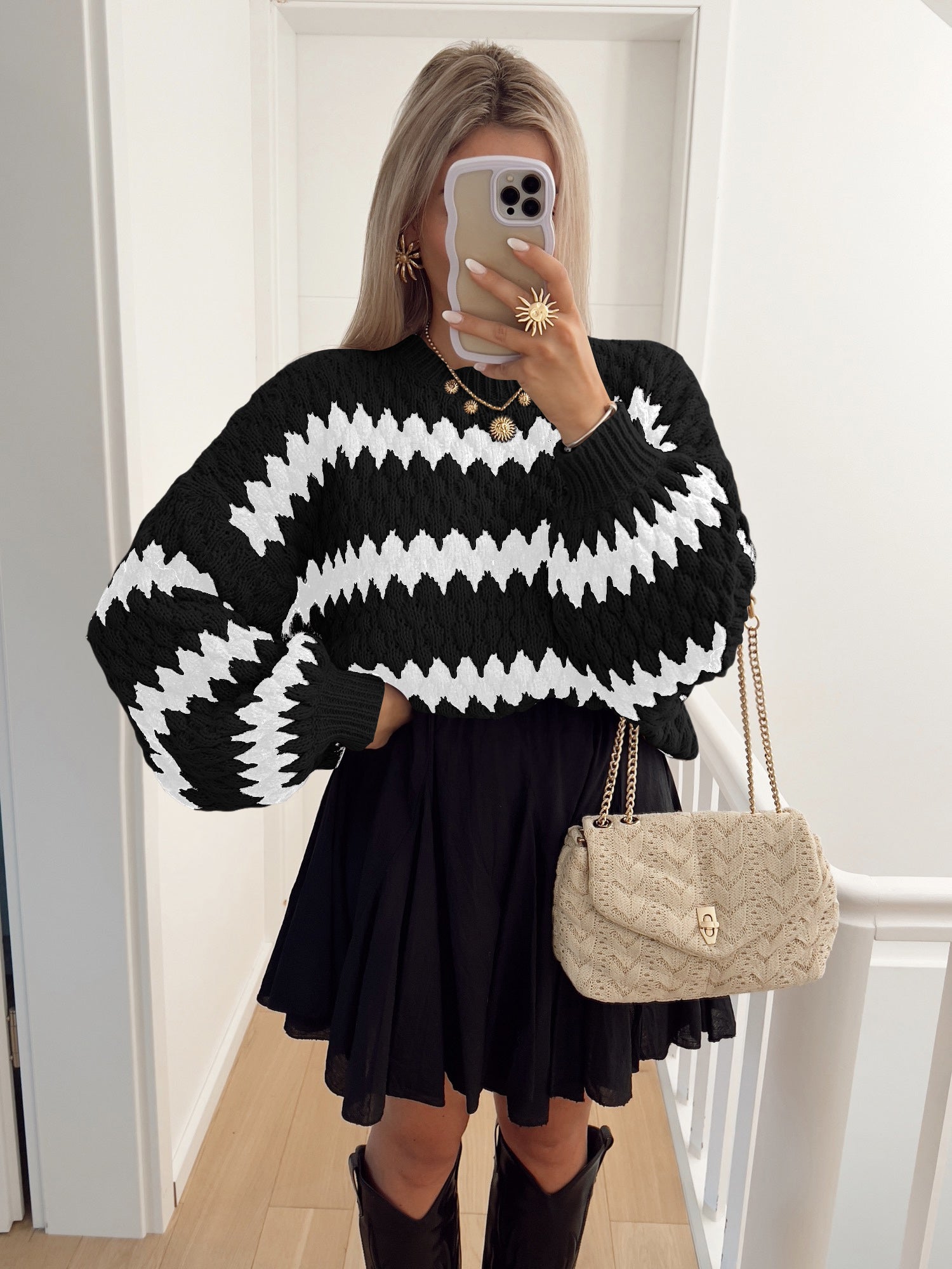 Herbst Winter Damen Strickpullover Gestreifter Trendiger Lockerer Pullover