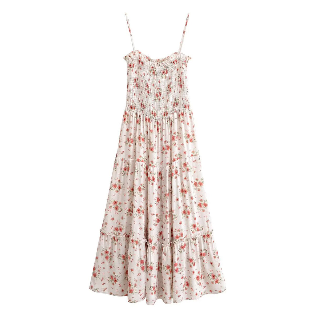 Robe longue d'été décontractée en rayonne imprimée à bretelles avec élastique au niveau de la poitrine et taille ajustée