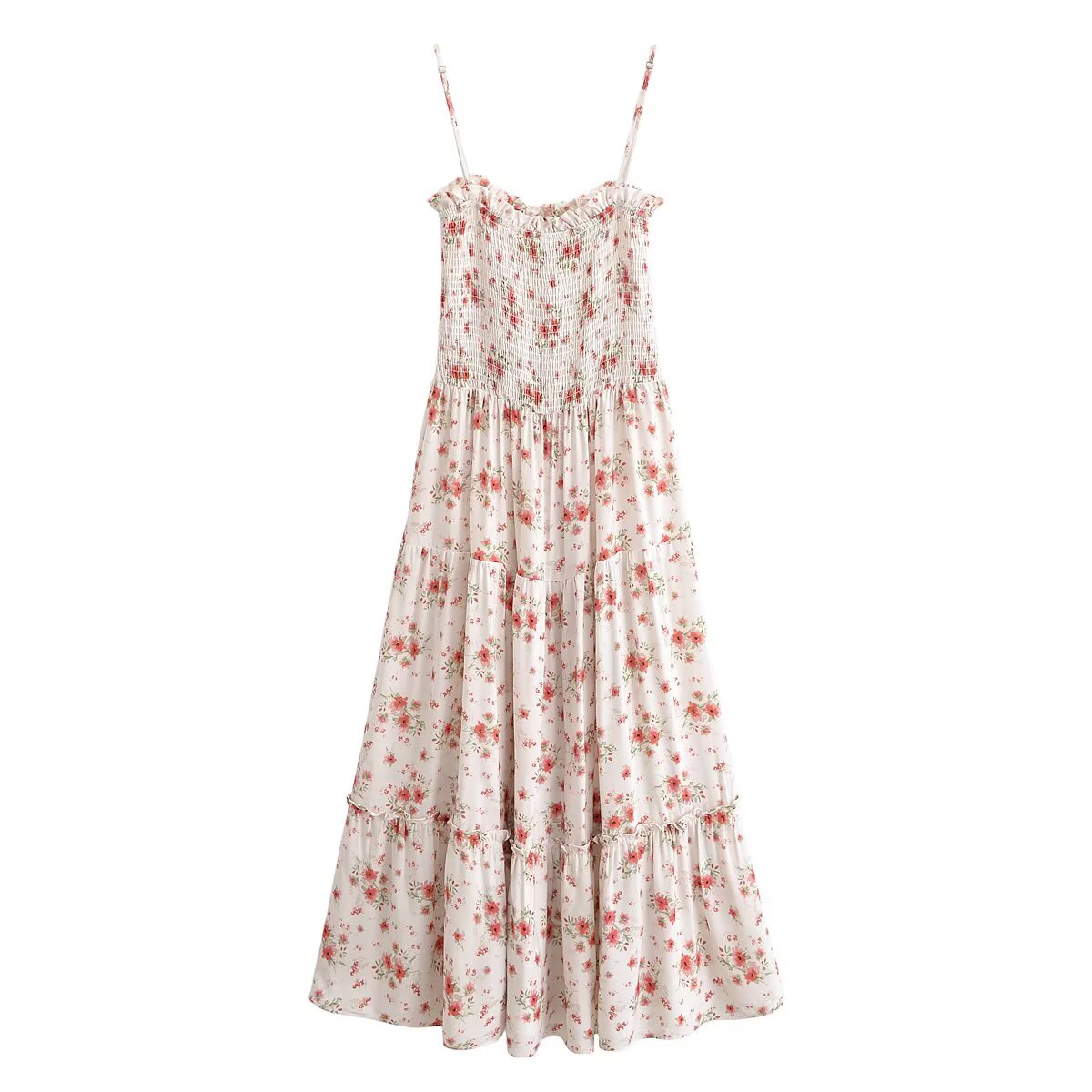 Robe longue d'été décontractée en rayonne imprimée à bretelles avec élastique au niveau de la poitrine et taille ajustée