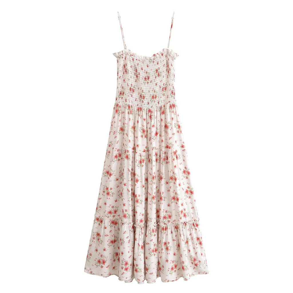 Robe longue d'été décontractée en rayonne imprimée à bretelles avec élastique au niveau de la poitrine et taille ajustée