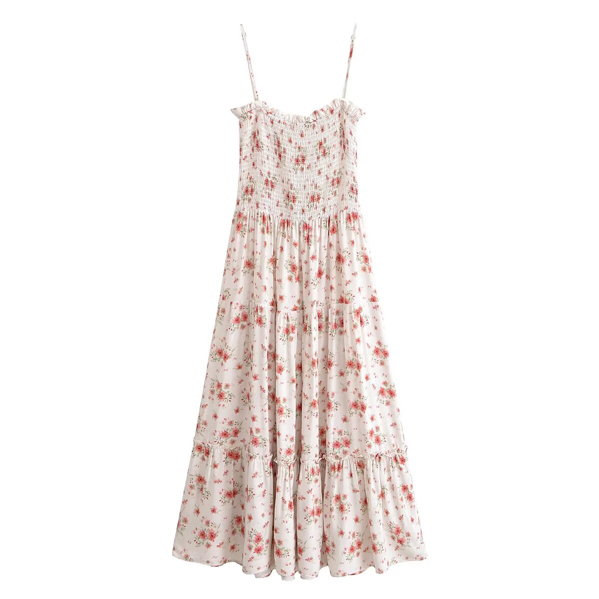 Robe longue d'été décontractée en rayonne imprimée à bretelles avec élastique au niveau de la poitrine et taille ajustée
