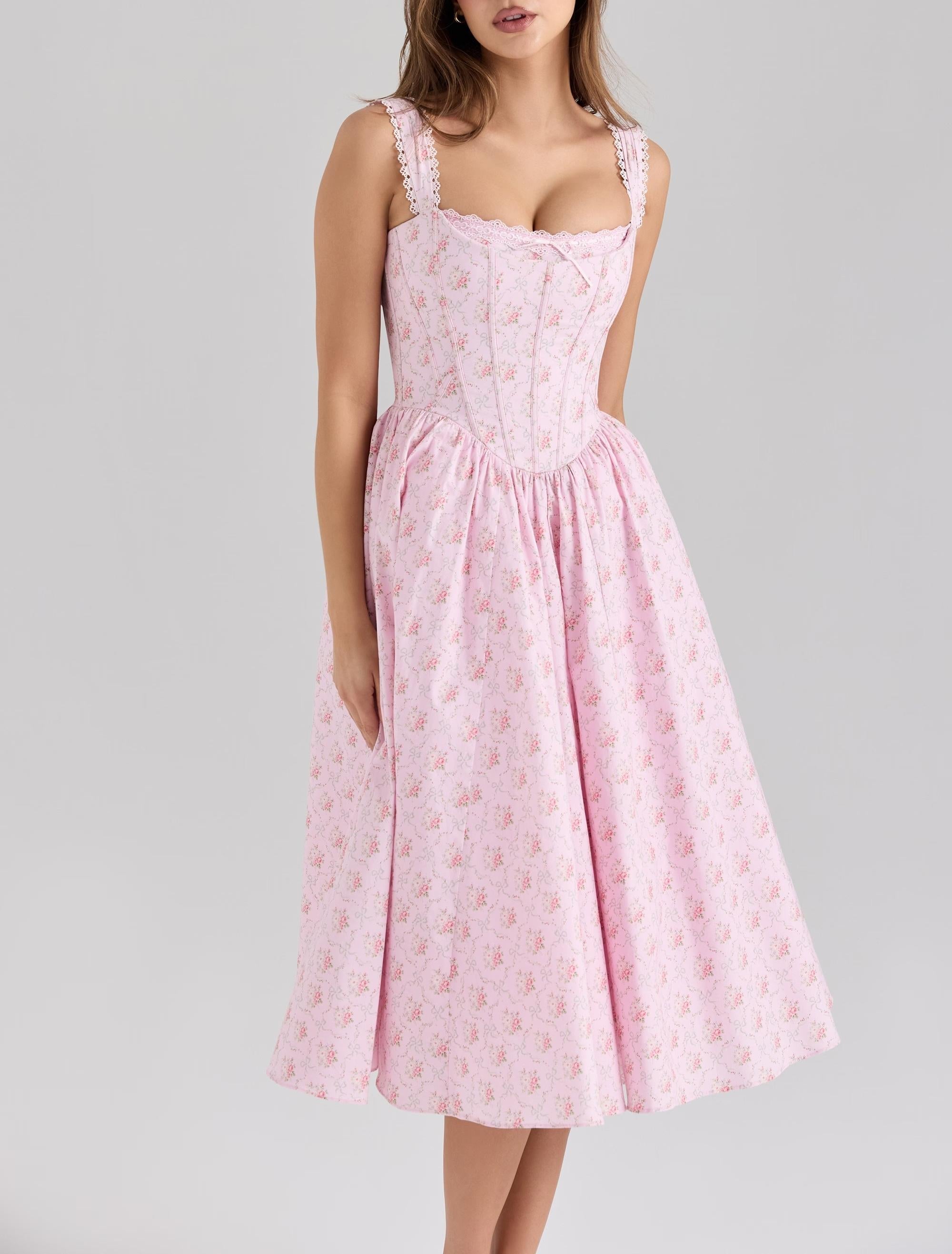 Robe Midi Fleurie Élégante en Dentelle à Bretelles, Coupe Cintrée Mince pour Femme, Idéale pour l'Été