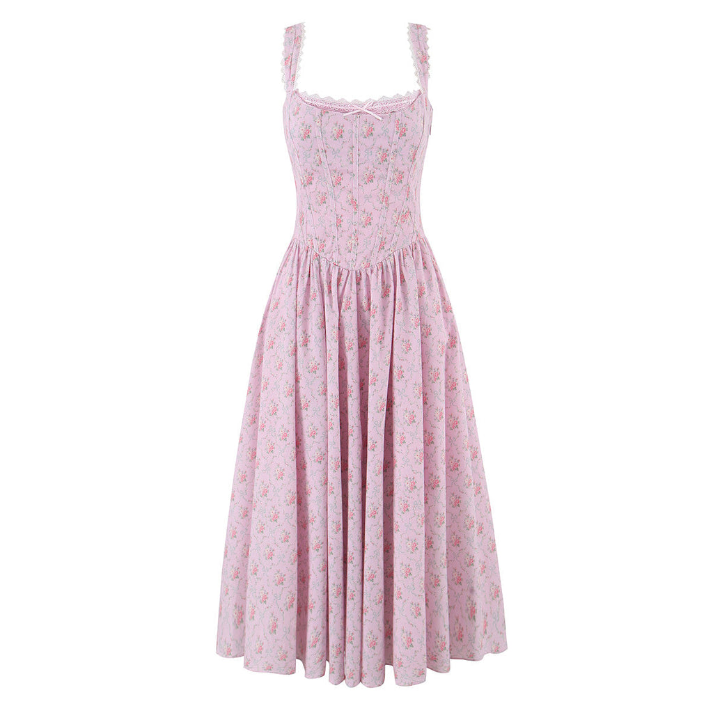 Robe Midi Fleurie Élégante en Dentelle à Bretelles, Coupe Cintrée Mince pour Femme, Idéale pour l'Été