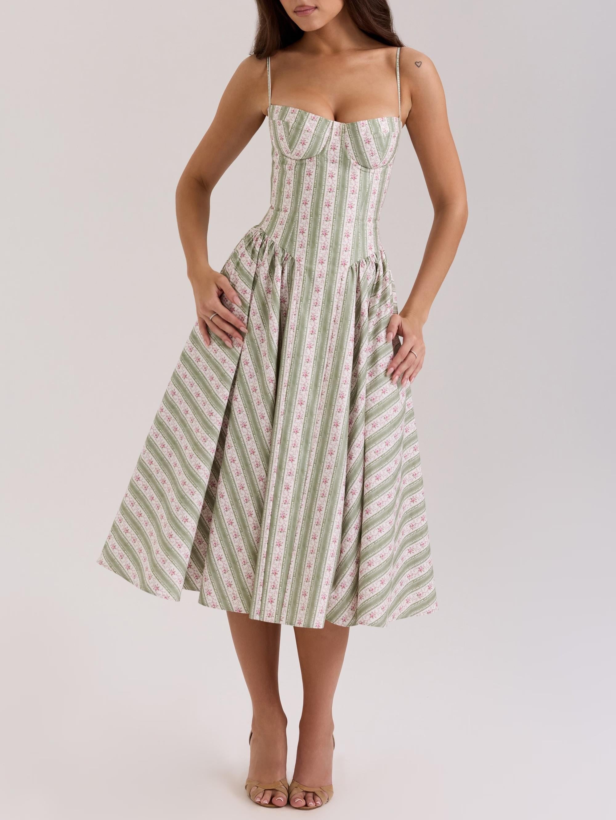 Robe longue froncée à taille haute et col licou, pour femme, vert doux, pour l'été, les vacances à la mer