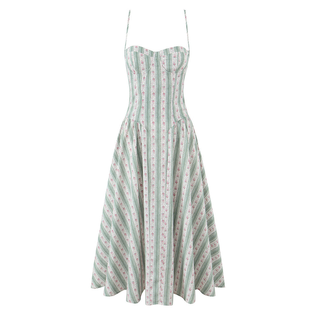 Robe longue froncée à taille haute et col licou, pour femme, vert doux, pour l'été, les vacances à la mer