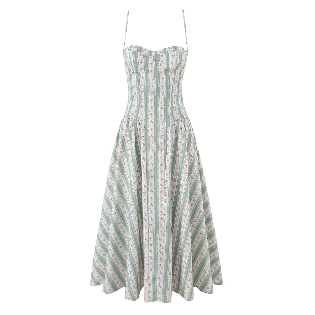 Robe longue froncée à taille haute et col licou, pour femme, vert doux, pour l'été, les vacances à la mer