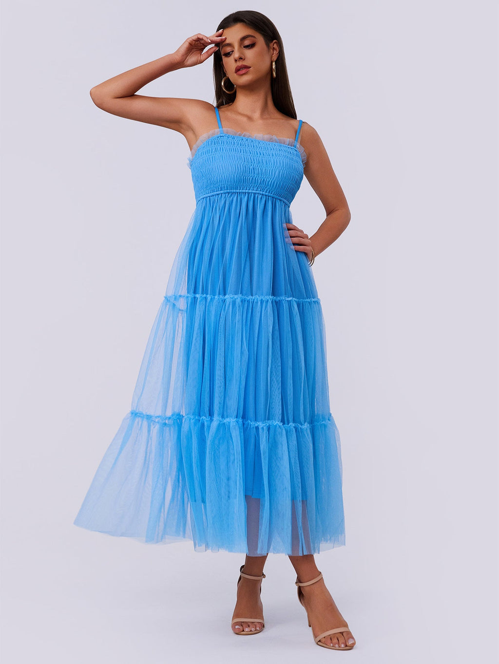 Damenkleidung Sling Plissiertes Mesh-Patchwork Flauschiges Kurzarmkleid