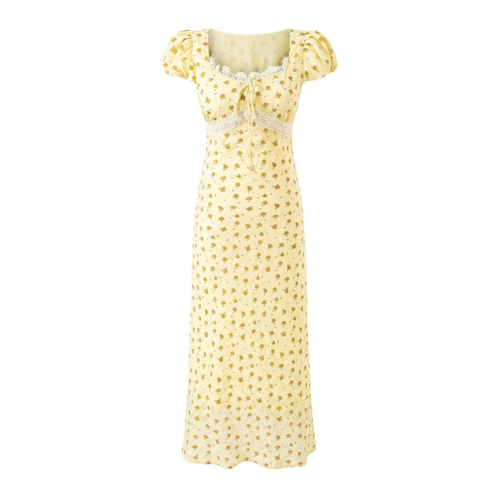 Elegantes Blumenkleid mit eckigem Ausschnitt, Spitzendetails und Schleife, kurzen Ärmeln, schmaler Taille und Urlaubs-Passform