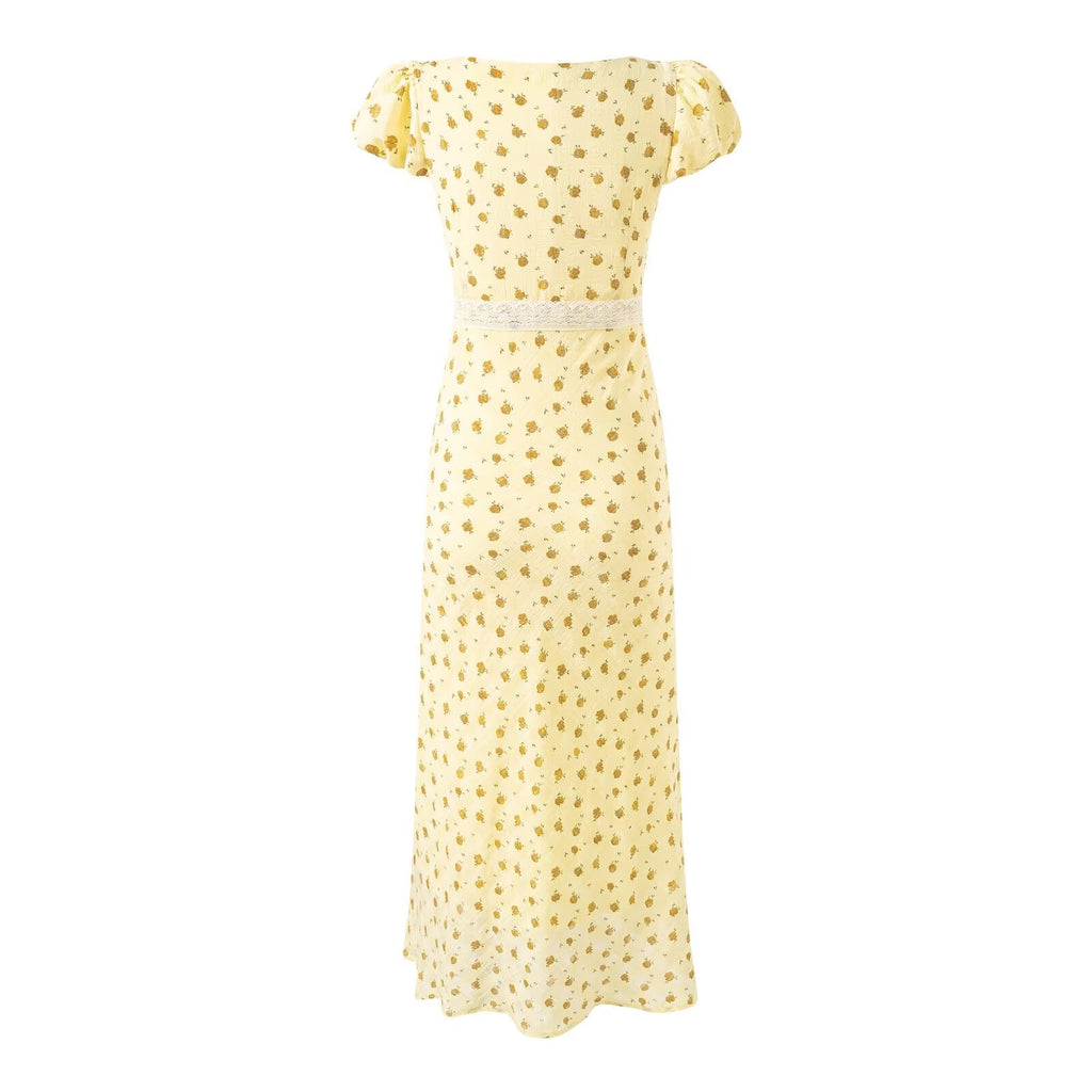 Elegantes Blumenkleid mit eckigem Ausschnitt, Spitzendetails und Schleife, kurzen Ärmeln, schmaler Taille und Urlaubs-Passform