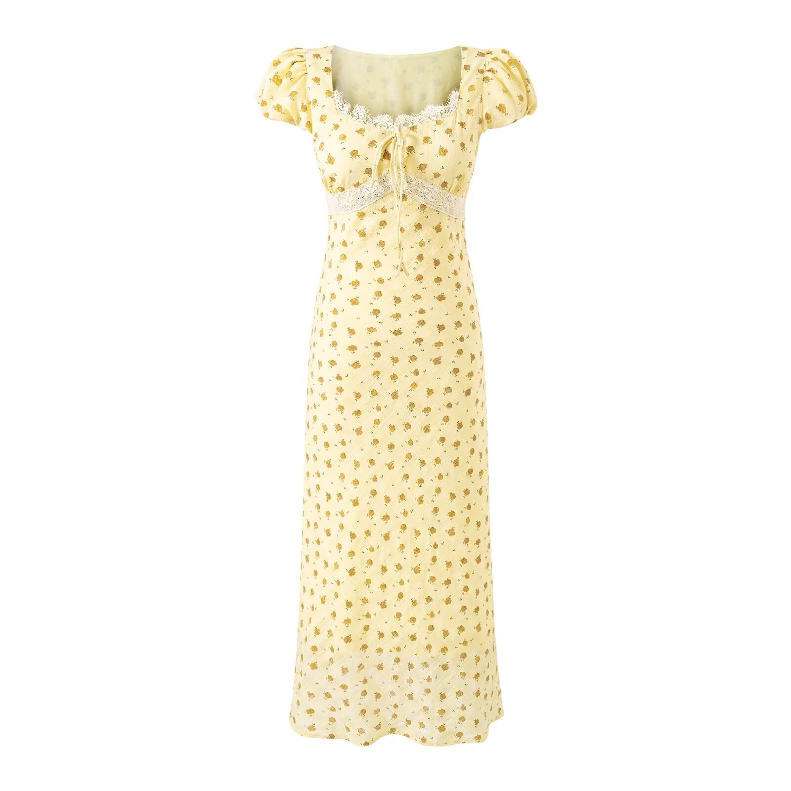 Elegantes Blumenkleid mit eckigem Ausschnitt, Spitzendetails und Schleife, kurzen Ärmeln, schmaler Taille und Urlaubs-Passform