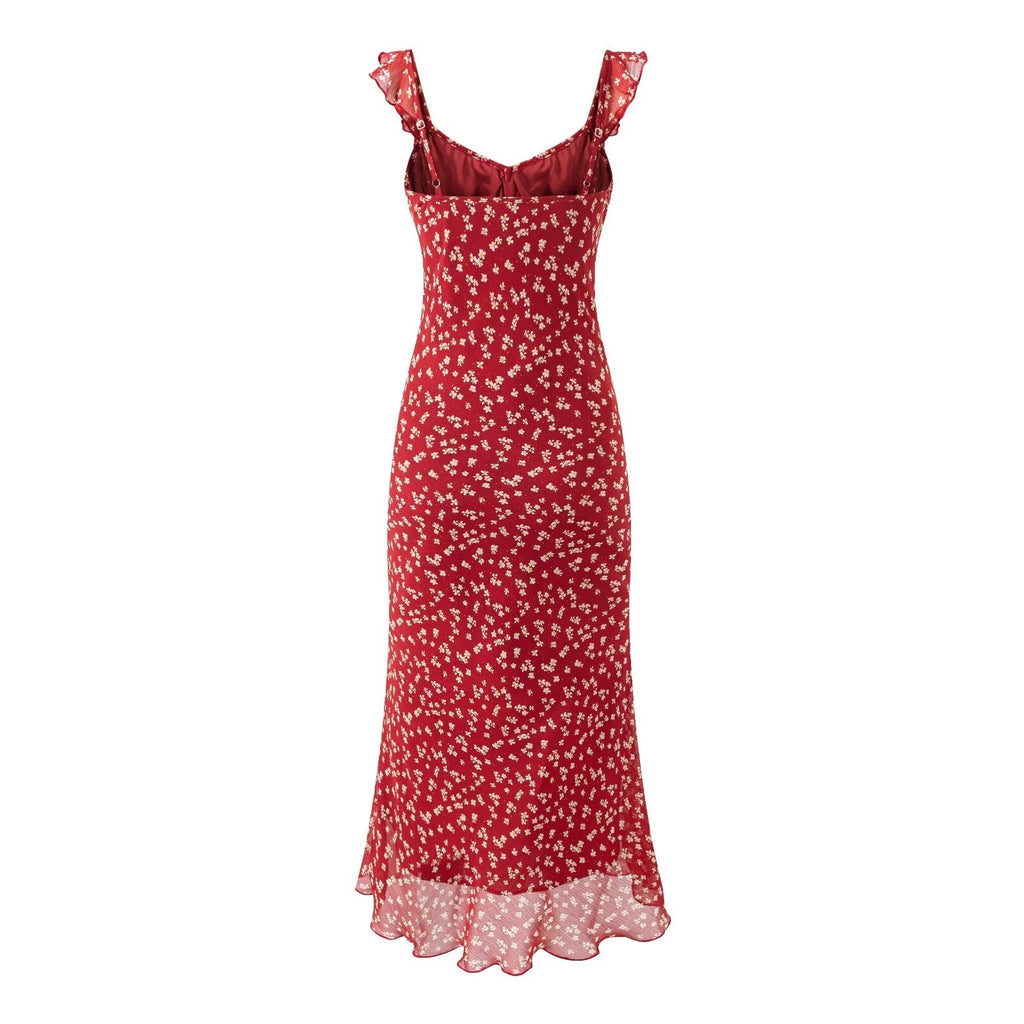 Rotes kurzes florales Neckholder-Kleid Damen Sommer Enger Taille A-Linie Schlankmachendes rückenfreies Urlaubskleid Maxi