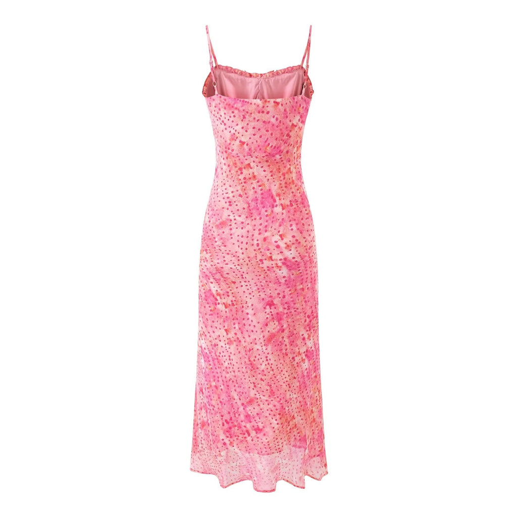 Robe Bretelles Nœud Floral Doux Élégant Femme Printemps Été Coupe Ajustée Longueur Mi-Mollet