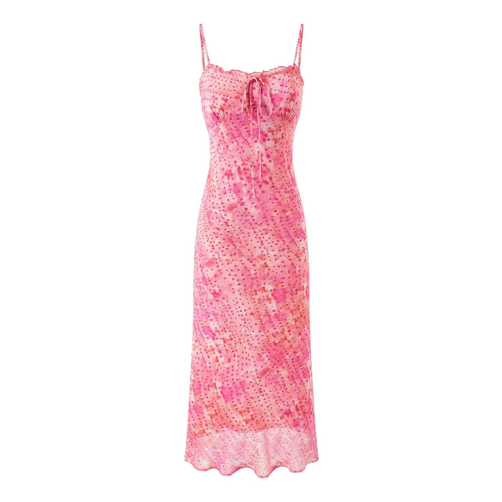 Robe Bretelles Nœud Floral Doux Élégant Femme Printemps Été Coupe Ajustée Longueur Mi-Mollet