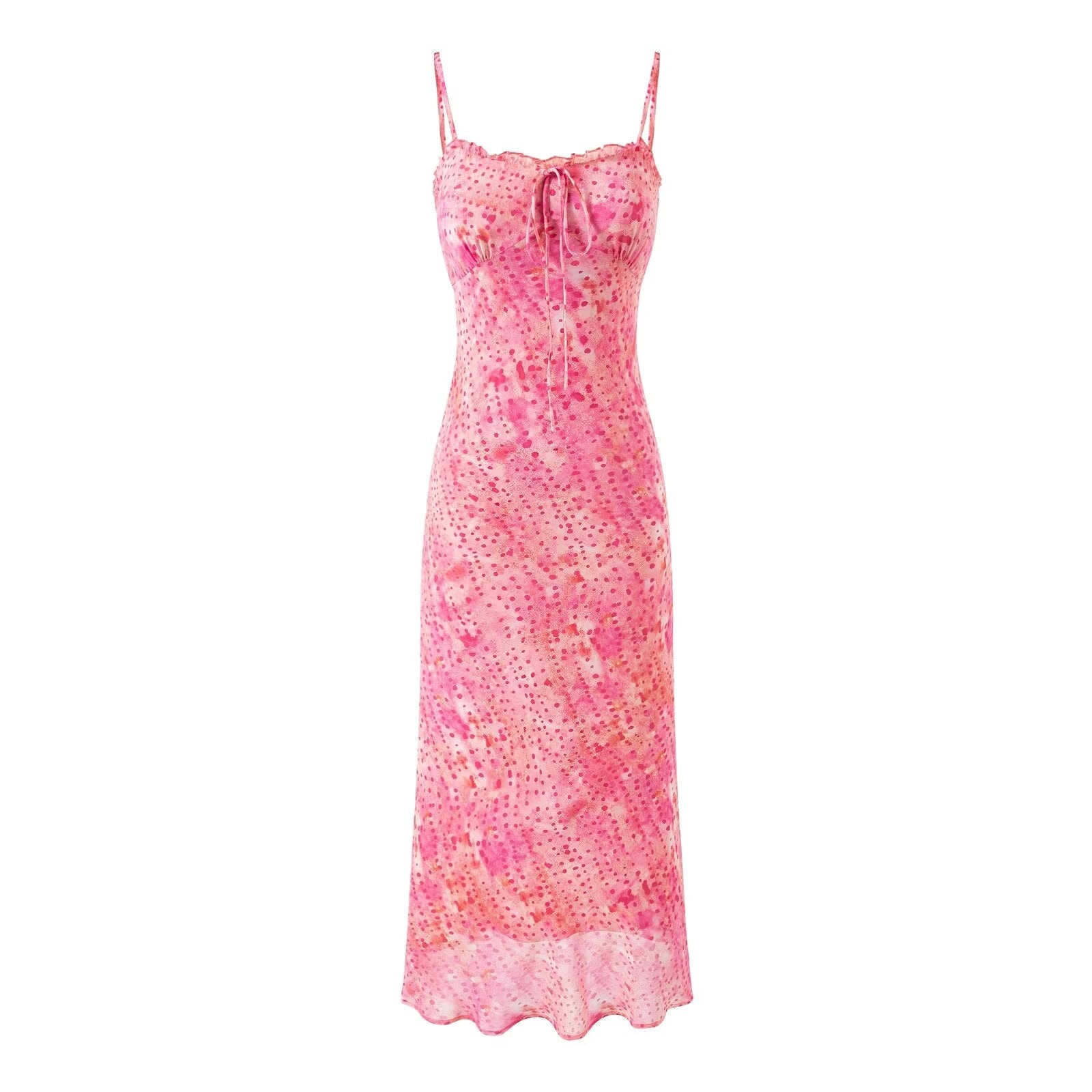 Robe Bretelles Nœud Floral Doux Élégant Femme Printemps Été Coupe Ajustée Longueur Mi-Mollet